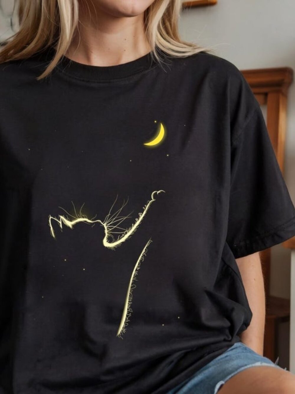 Moon Cat T-shirt, Minimalist Celestial Cat Lover Tee